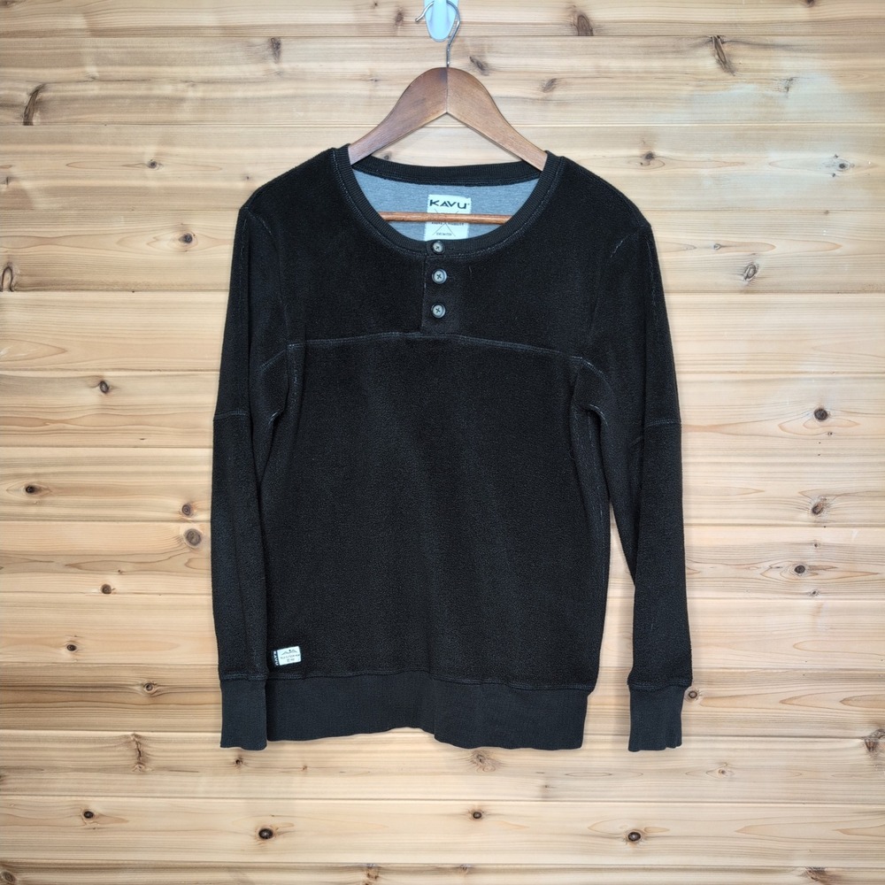 KAVU Mens‎ Fleece Henley Pullover Sweatshirt Black Size M Outdoor Gorpcore